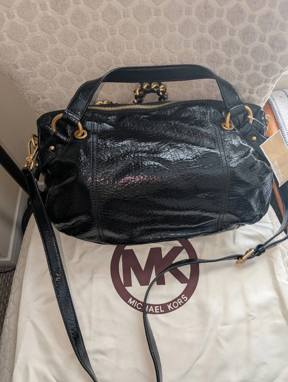 Michael Kors Black Patent Shoulder Bag with Gold Chain Accents